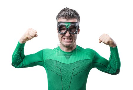Green superhero showing biceps with fists raised.