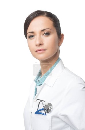 Photo for Smiling confident female doctor portrait with lab coat and stethoscope. - Royalty Free Image