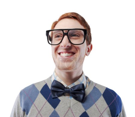 Foto de Retrato de un chico nerd divertido con grandes gafas, él está sonriendo y riendo - Imagen libre de derechos