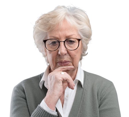 Foto de Mujer mayor pensativa pensando con la mano en la barbilla, ella está triste y preocupada - Imagen libre de derechos