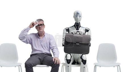 Photo for Stressed anxious man and robot sitting in the waiting room, they are waiting for a job interview, copy space - Royalty Free Image