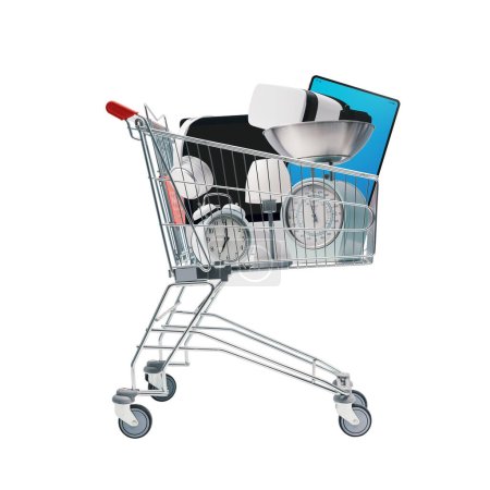 Foto de Carro de compras lleno de electrodomésticos y electrónica: compras, venta y concepto de venta al por menor - Imagen libre de derechos