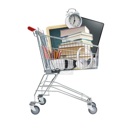 Photo for Shopping cart full of school supplies and electronics: shopping, sale and retail concept - Royalty Free Image