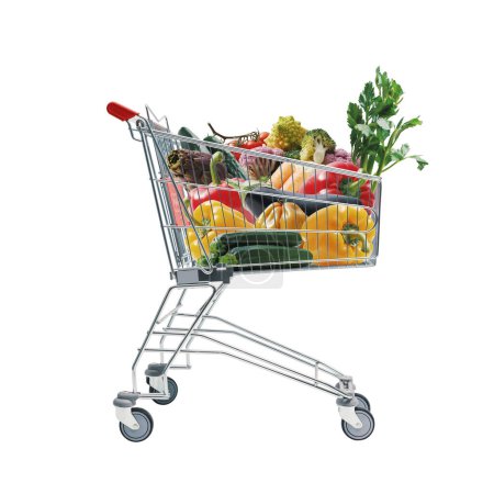 Foto de Carrito de compras lleno de verduras frescas: compras de comestibles, venta y concepto de comida saludable - Imagen libre de derechos