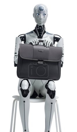Foto de Robot humanoide AI sentado en una silla y esperando una entrevista de trabajo - Imagen libre de derechos