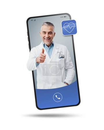 Foto de Vídeo médico en línea en la pantalla del teléfono inteligente, servicio médico profesional en línea y telesalud - Imagen libre de derechos