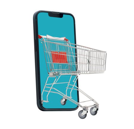 Photo for Shopping cart coming out of a smartphone screen: online shopping app - Royalty Free Image