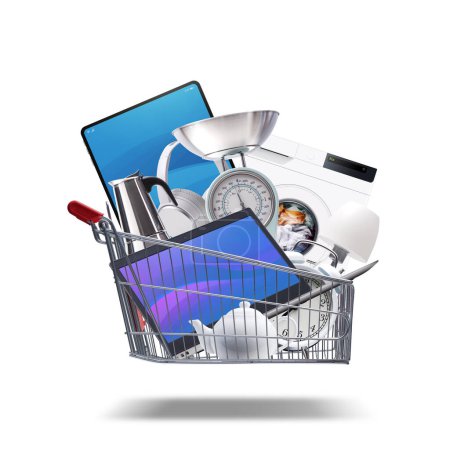 Photo for Flying shopping cart full of household goods, appliances and electronics: sales and retail concept - Royalty Free Image