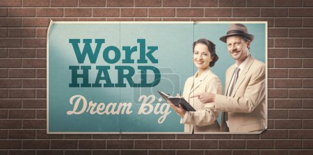 Photo for Work hard dream big inspirational ad, vintage poster design with retro style smiling business people - Royalty Free Image