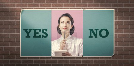 Photo for Yes or No vintage advertisement with woman thinking and holding a notepad - Royalty Free Image