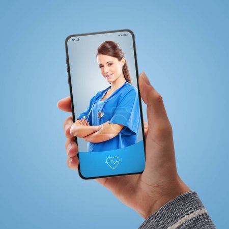 Patient video calling a doctor online on smartphone: online doctor video consultation on-demand