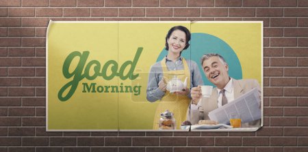 Photo for Vintage advertisement with traditional family having breakfast and "Good Morning" text in the copy space - Royalty Free Image