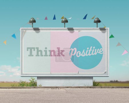 Photo for Inspirational and motivational advertisement on large vintage style billboard: think positive - Royalty Free Image