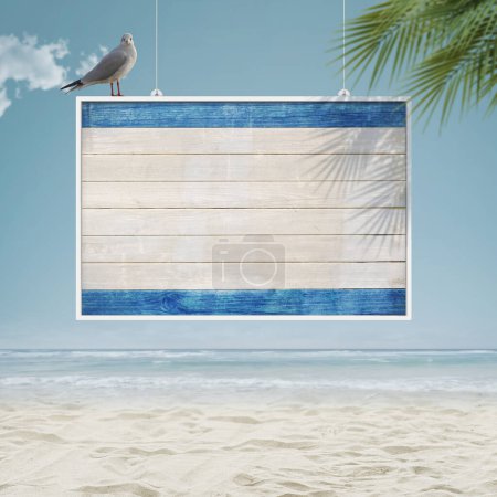 Téléchargez les photos : Vieux panneau en bois et mouette drôle à la plage, concept de vacances d'été - en image libre de droit