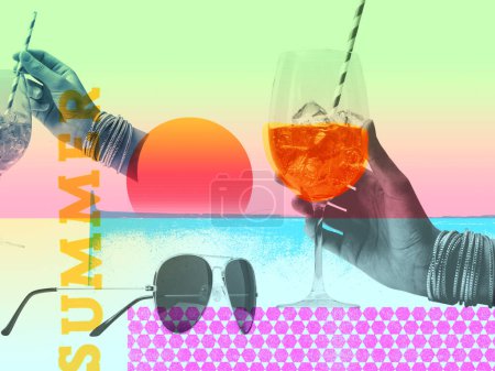 Photo for Summer vacations vintage collage art poster: woman having a cocktail and beach - Royalty Free Image