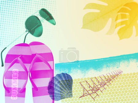 Foto de Vacaciones de verano en la playa collage vintage creativo: chanclas y tumbonas - Imagen libre de derechos
