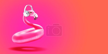Lindo flamenco rosa inflable con auriculares y espacio de copia, verano y concepto de vacaciones