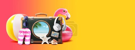 Photo for Vintage suitcase with beach accessories and porthole: there is a tropical beach inside, summer vacations concept - Royalty Free Image