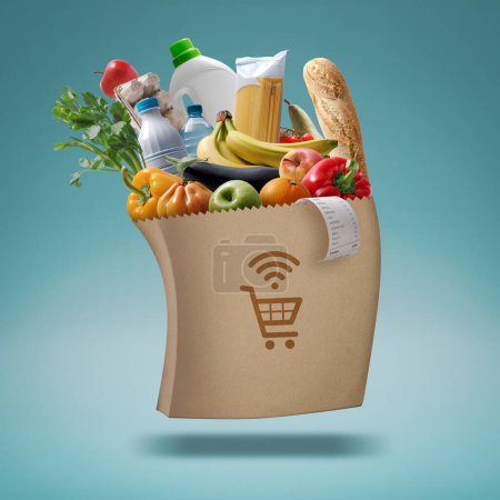 Bolsa de supermercado automatizada rápida entrega de comestibles, concepto de compras en línea