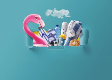 Colorful beach accessories coming out of a ripped hole in the sky, summer vacations concept