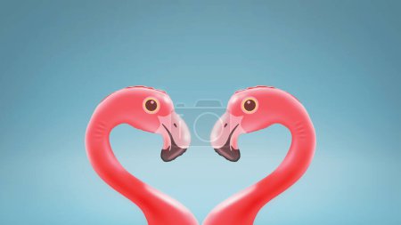 Téléchargez les photos : Flamants roses gonflables aimants mignons se regardant et composant une forme de coeur, une romance et un concept d'été - en image libre de droit