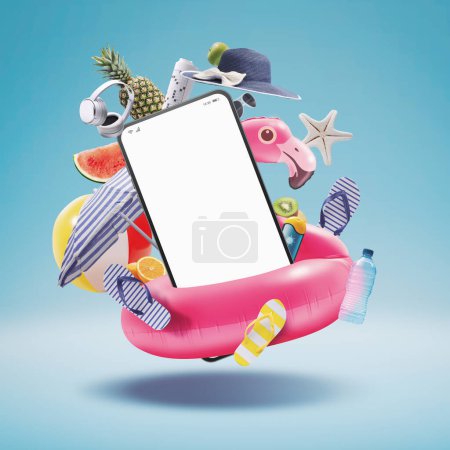 Photo for Smartphone, inflatable flamingo and beach accessories: mobile app and vacations concept - Royalty Free Image