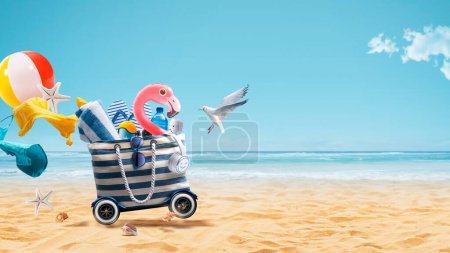 Téléchargez les photos : Drôle de flamant rose gonflable et accessoires de plage dans un sac avec des roues allant à la plage, une mouette regarde le flamant rose - en image libre de droit