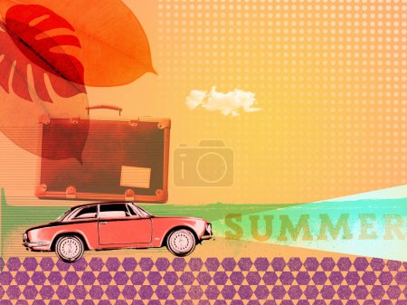 Foto de Collage de estilo retro de vacaciones de verano con coche vintage y maleta - Imagen libre de derechos