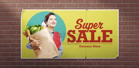 Photo for Vintage style grocery shopping advertisement poster with happy housewife holding a full grocery bag - Royalty Free Image