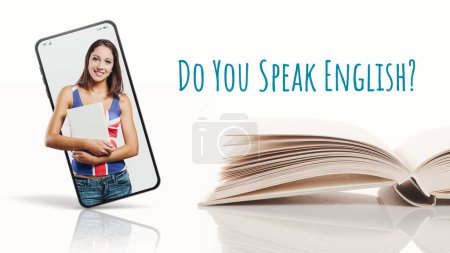 Téléchargez les photos : App pour apprendre l'anglais, étudiant heureux sur smartphone et manuel ouvert, apprendre des langues concept en ligne - en image libre de droit