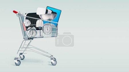 Photo for Shopping cart full of household appliances and electronics: shopping, sale and retail concept - Royalty Free Image