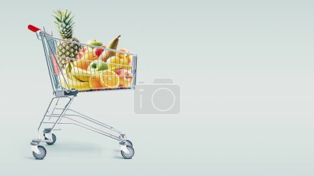 Foto de Carrito de compras lleno de frutas frescas: compras de comestibles, venta y concepto de comida saludable - Imagen libre de derechos