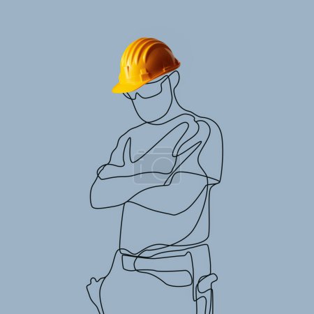 Téléchargez les photos : Dessin au trait du travailleur de la construction portant un casque rigide, concept de sécurité au travail - en image libre de droit