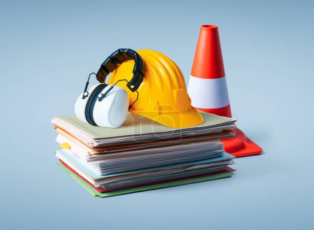 Photo for Pile of paperwork, safety equipment and work tools: construction and renovation concept - Royalty Free Image