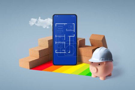 Photo for Energy-efficient house project on a budget: home blueprint on smartphone screen, bricks and piggy bank - Royalty Free Image