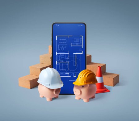 Foto de Plan de casa en una pantalla de teléfono inteligente, alcancías y ladrillos: planifique un presupuesto para proyectos de construcción y reducción de costos - Imagen libre de derechos