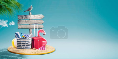 Photo for Happy summer holiday banner with wooden signpost and beach accessories, copy space - Royalty Free Image