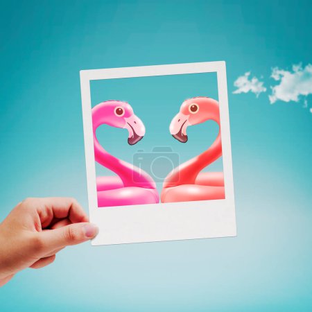 Photo for Hand holding a vintage instant photo with two inflatable flamingos, summer vacations and romance concept - Royalty Free Image