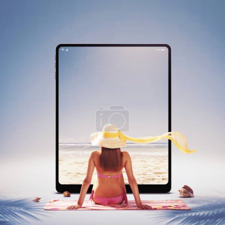 Photo for Relaxed woman wearing a bikini swimming costume and sunbathing, the beach is on a tablet screen, virtual vacations concept - Royalty Free Image