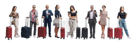 Photo for Traveling people holding a trolley bag and using their smartphones, set of portraits collage - Royalty Free Image