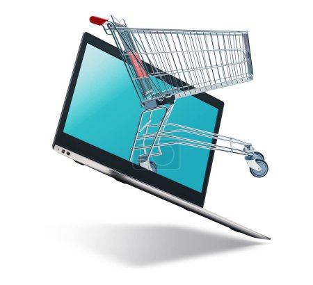 Photo for Shopping cart coming out of a laptop screen: online shopping website, banner with copy space - Royalty Free Image