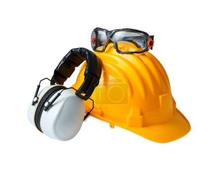 Foto de Casco de seguridad, orejeras y gafas: equipo de protección individual y concepto de seguridad en el lugar de trabajo - Imagen libre de derechos