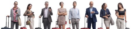Photo for Group of diverse traveling people standing in line with trolley bags, travel and tourism concept, isolated - Royalty Free Image