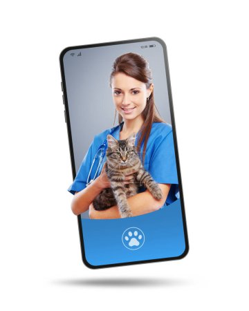 Photo for Online veterinarian service and pet care app: smiling female veterinarian on smartphone screen, she is holding a cat, online doctor concept - Royalty Free Image