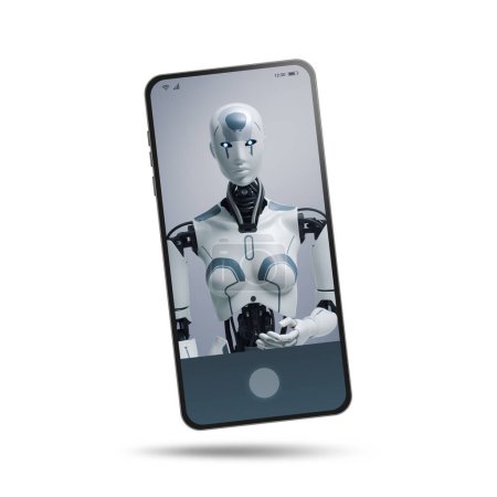 Téléchargez les photos : Robot humanoïde assistant virtuel AI sur l'écran du smartphone parler et aider avec des tâches - en image libre de droit