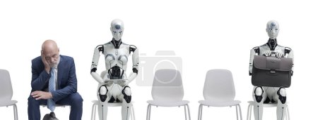 Photo for Man and AI robots waiting for a job interview in a corporate office, recruitment and work concept - Royalty Free Image