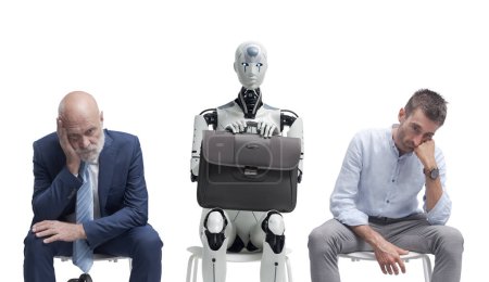 Foto de Solicitantes cansados y robot androide AI esperando la entrevista de trabajo - Imagen libre de derechos