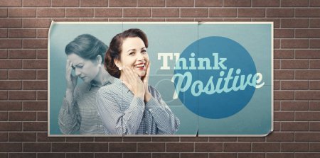 Foto de Piense anuncio inspirador vintage positivo con la mujer feliz - Imagen libre de derechos