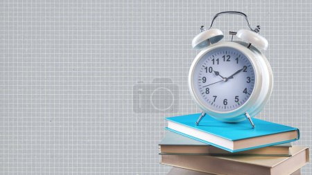Photo for Back to school banner with books and alarm clock, graph paper background - Royalty Free Image