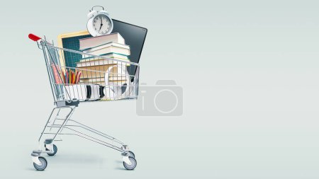 Photo for Shopping cart full of school supplies and electronics: shopping, sale and retail concept - Royalty Free Image
